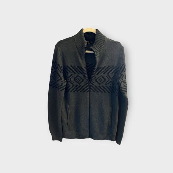 Express Men’s Medium Grey Pullover Full Zip Sweater Jacket Faux Fur Collar - Picture 1 of 5